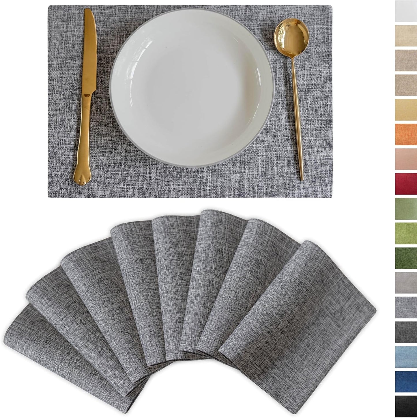 Demetex Grey Textured Linen Placemats Set of 8 Classic Place Mats Heat Resistant Cloth Table Placemat for Dinner Gathering Buffet, 13x19 inch, Ash Grey