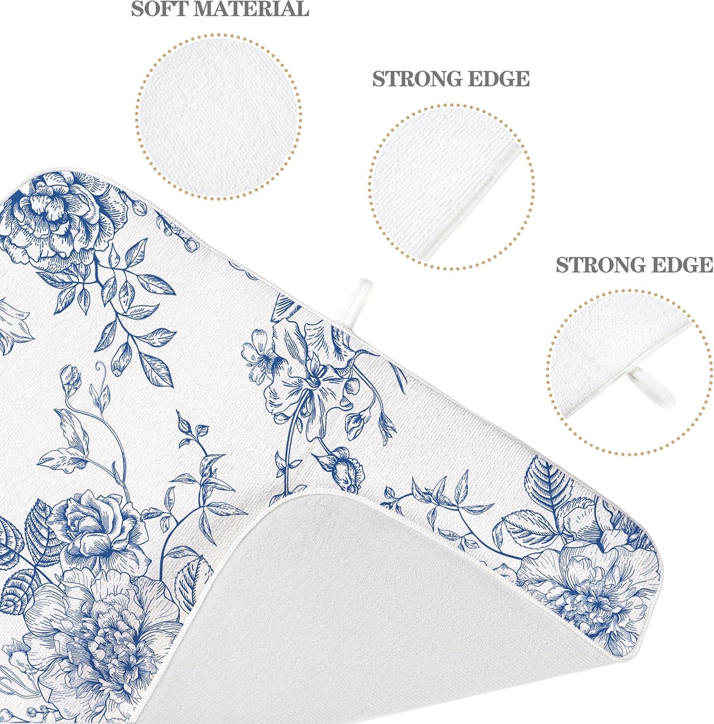 Chinoiserie Floral Dish Drying Mat 18 x 24 inch Vintage Blue Flower Decorative Drying Mats Microfiber Absorbent Dish Washable Draining Mat for Kitchen Counter Decor