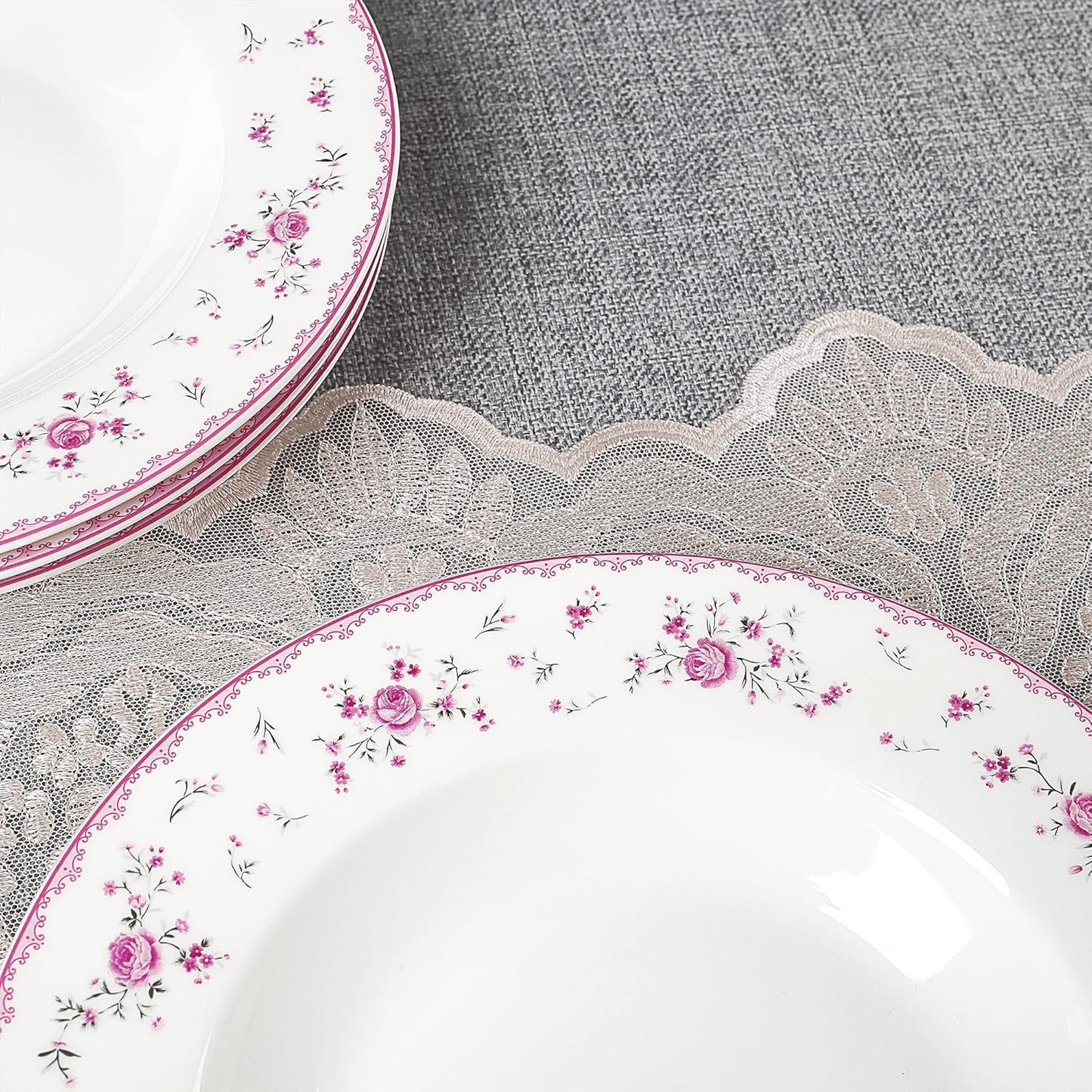 fanquare 8 Inch Porcelain Soup Bowls Set of 4, Round Pasta Plates Set for Salad, Dessert, Snack, Pink Roses