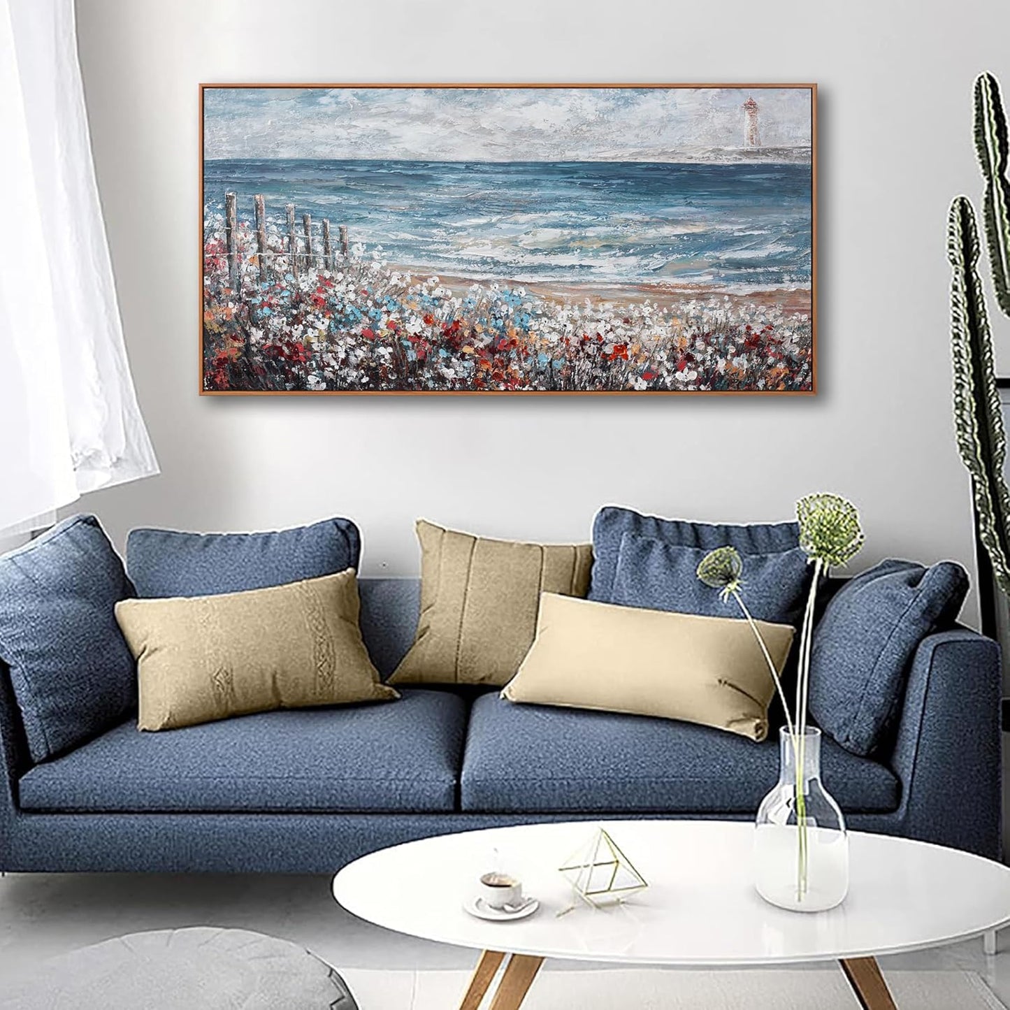 Wall Art Decor Canvas Print Painting Blue Sea Colorful flowers Landscape Picture Artwork Framed Wall Decor For Living Room Bedroom Living Room And Apartment 20 x 40 Inch