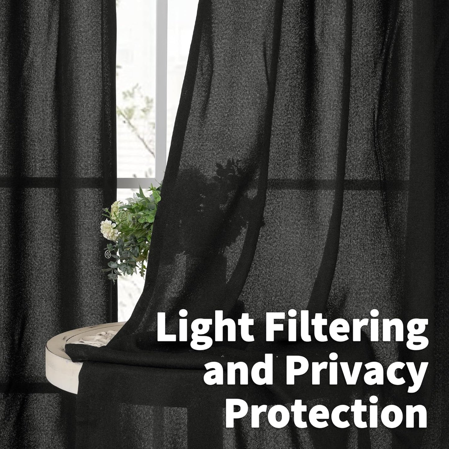 YoungsTex Black Linen Curtains 84 inch Length 2 Panels for Living Room, Semi Sheer Drapes with Bronze Grommet Light Filtering Gothic Halloween Decorative for Dining Bedroom, 52 X 84 Inch