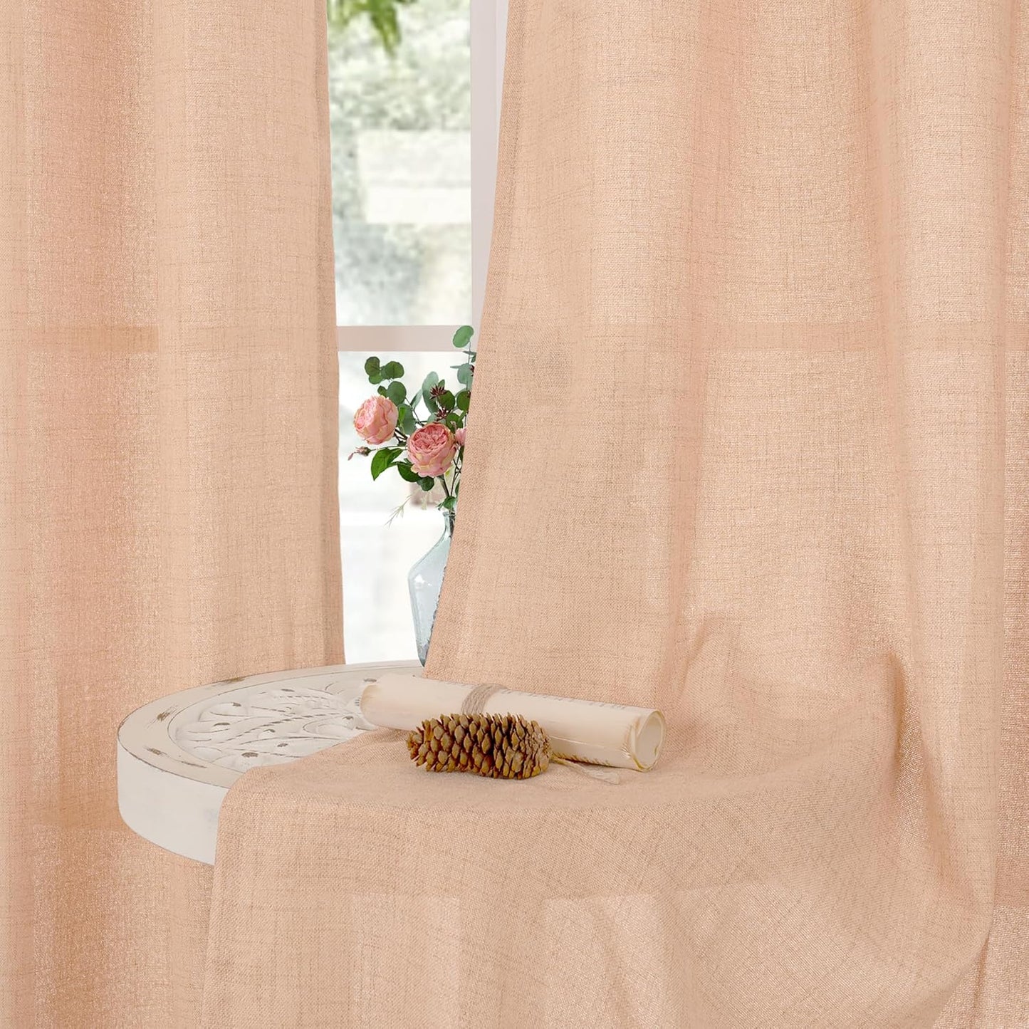 YoungsTex Peach Linen Curtains 63 Inches Length for Living Room - Textured Coral Semi Sheer Drapes with Bronze Grommet Light Filtering for Bedroom Kitchen Office Lightweight, 52 x 63 Inch, 2 Panels