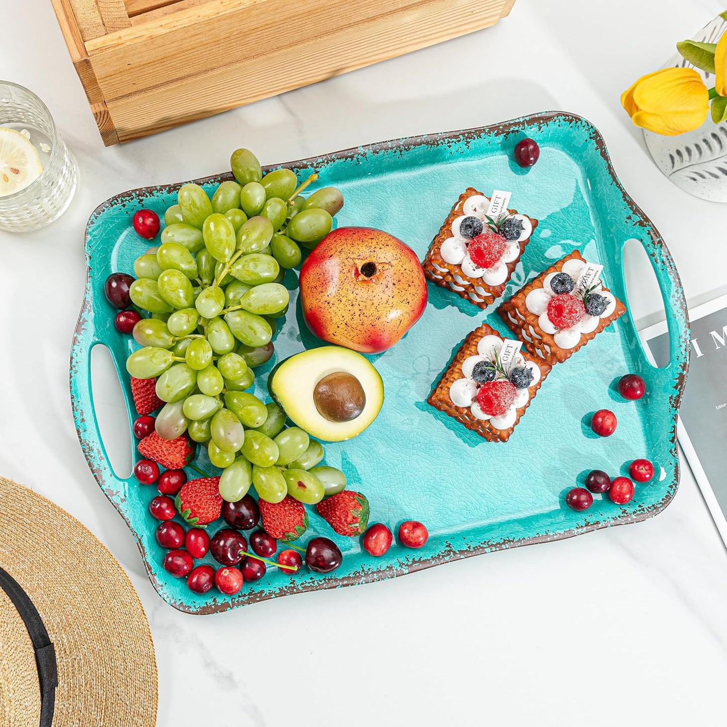 LEHAHA Large Farmhouse Melamine Serving Platters, Serving Tray with Handle for Food, Appetizer, Cupcakes, Dessert, Raised Edge Large Party Platter or TV Dinner Trays, 17.25x12 inch, Set of 2, Teal