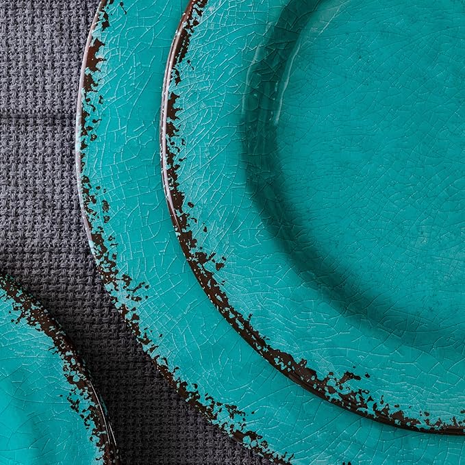 LEHAHA 12 Piece Vintage Melamine Dinnerware Sets Include 4 Dinner Plates, 4 Salad Plates and 4 Bowls Service for 4, Unbreakable Farmhouse Dishes and Bowls Suitable for Indoor and Outdoor Use Teal