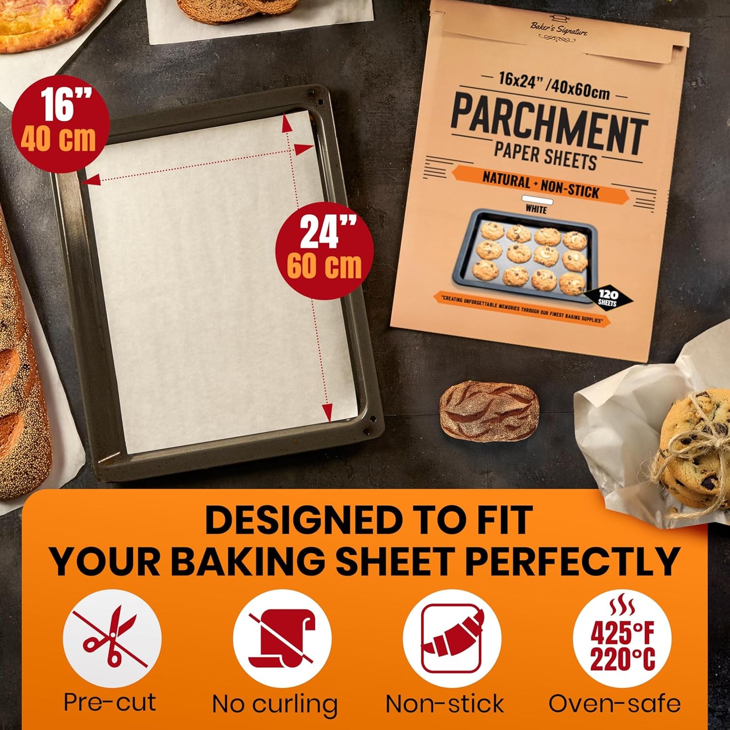 120 Pcs 16x24 Inch Parchment Paper Sheets by Baker's Signature | Parchment Baking Paper, Parchment Paper - Perfect for Baking, Precut Non-Stick Sheets, Eco-Friendly, Will Not Curl or Burn