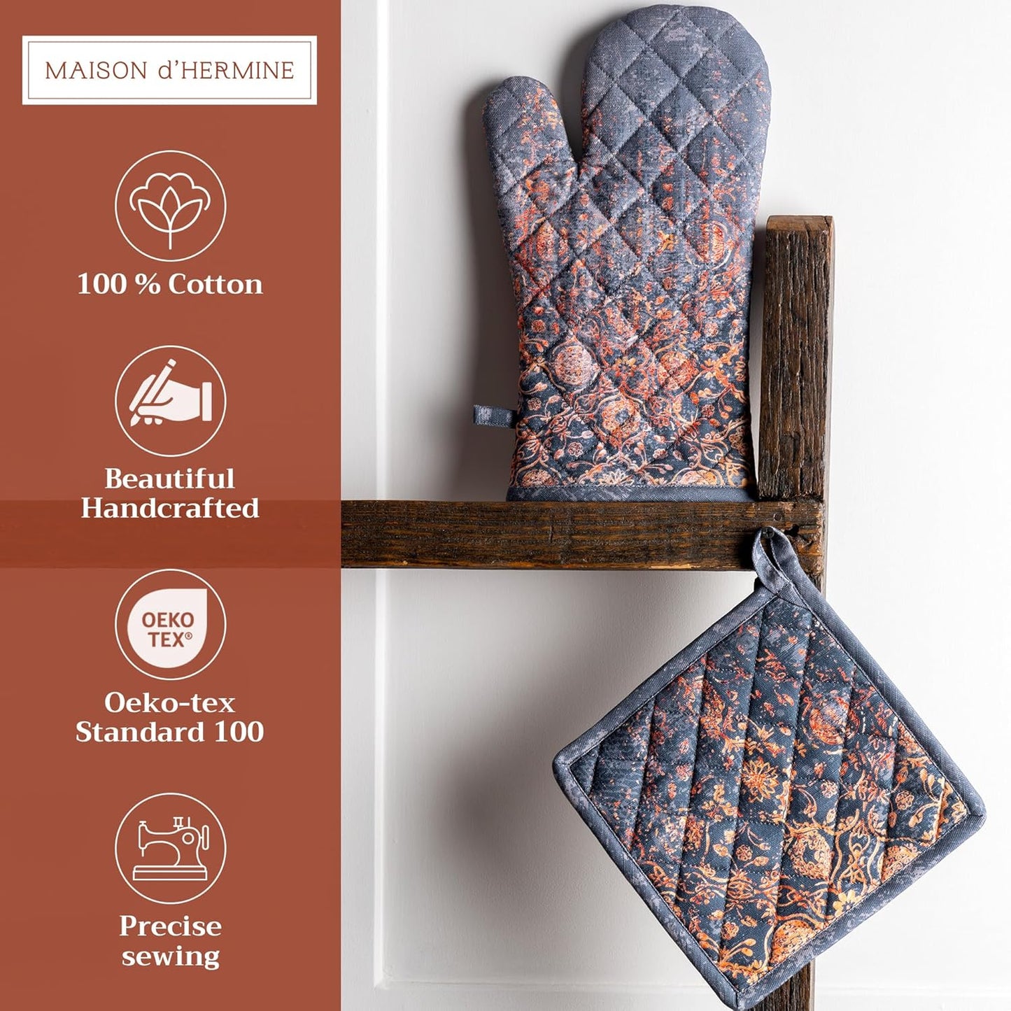 Maison d' Hermine 100% Cotton Oven Mitt & Pot Holder Set (7.5"x13" & 8"x8") Heat Resistant BBQ Cooking Gloves with Loop for Thanksgiving Christmas Decorations Handling Hot Pans (Imperfection)