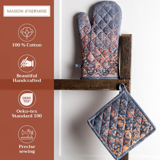 Maison d' Hermine 100% Cotton Oven Mitt & Pot Holder Set (7.5"x13" & 8"x8") Heat Resistant BBQ Cooking Gloves with Loop for Thanksgiving Christmas Decorations Handling Hot Pans (Imperfection)
