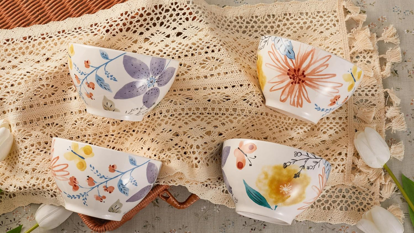 Bico Blossom Symphony Cereal Bowls Set of 4, 29 oz Deep Ceramic Soup Bowls for Cereal, Salad, Noodles, Kitchen, Microwave and Dishwasher Safe, Gift for Housewarming and Thanksgiving