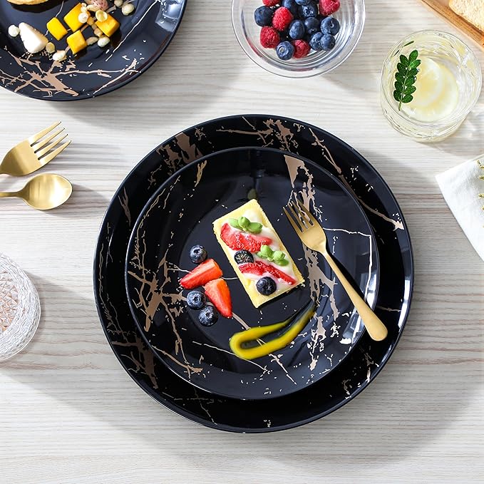 LOVECASA Plates and Bowls Sets for 4, 12 Pieces Porcelain Dinnerware Sets, Black and Gold Dish Set Gold Splash Dishware Sets, Dishwasher Microwave Safe