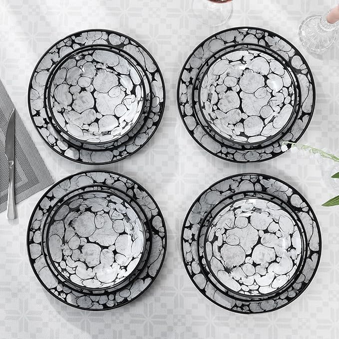 Melamine Dinnerware Sets 12pcs Rustic Farmhouse Dinner Dishes Set Lightweight Service for 4 Plastic Plates and Bowls Set, Modern Gray Bubble