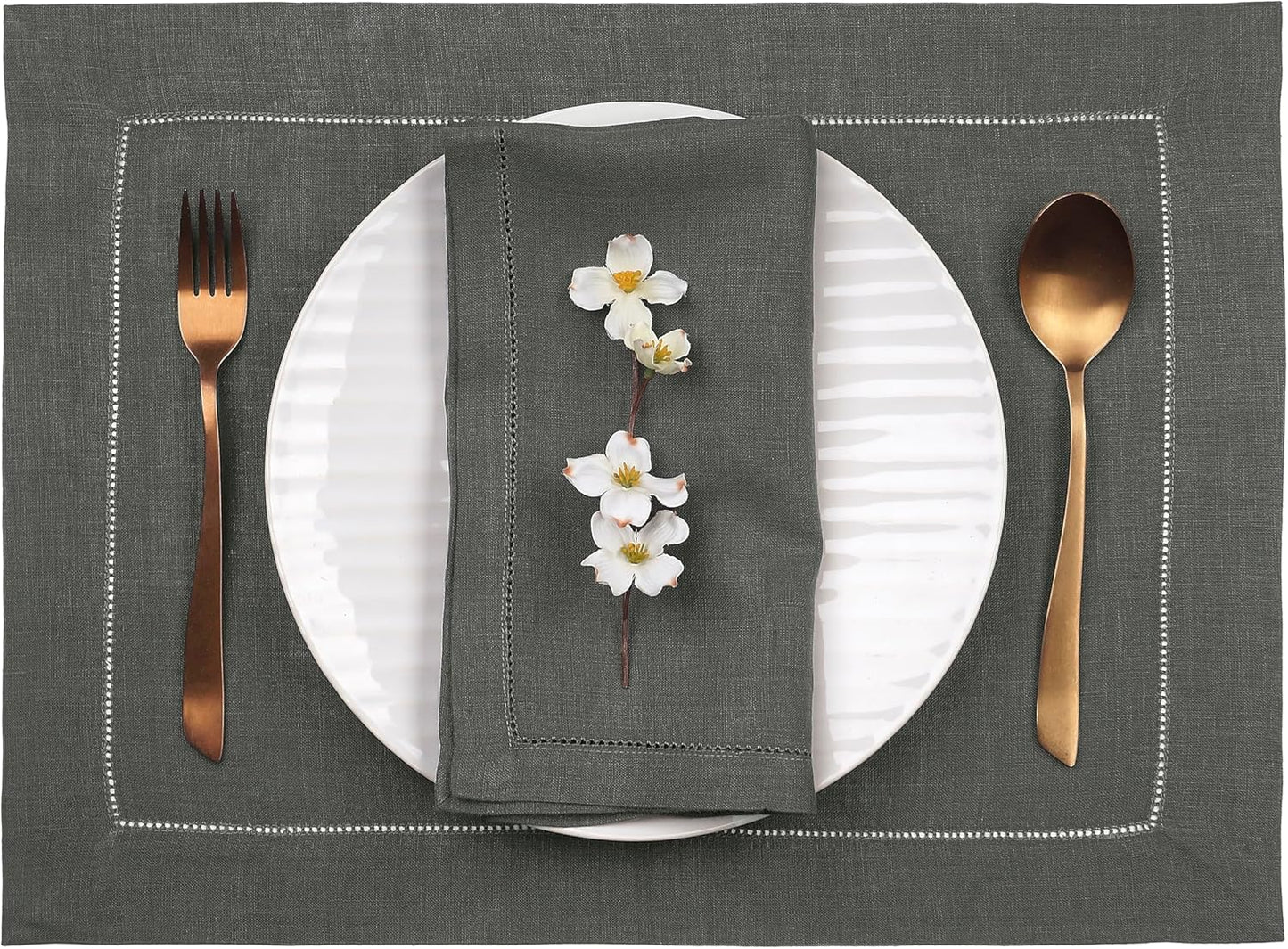 D'Moksha Homes Linen Placemats Set of 4 - Classic Hemstitch Charcoal Grey Placemats 14 x 19 Inch - 100% Pure Linen Table Mats for Fall, Autumn and Halloween - Handcrafted and Machine Washable