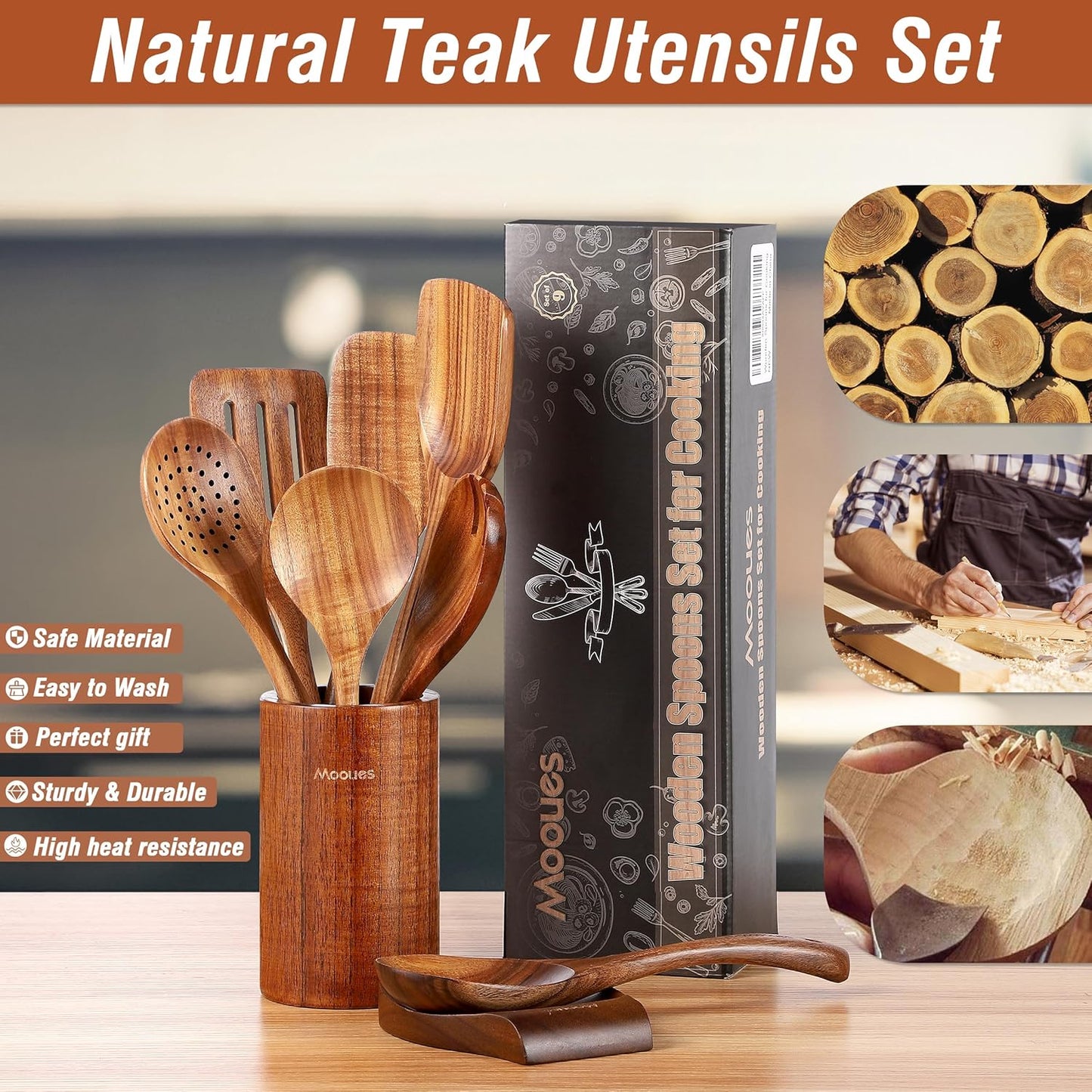 9 Piece Natural Teak Wooden Kitchen Utensil Set with Spoon Rest - Comfort Grip Cooking Spoons and Utensils Holder