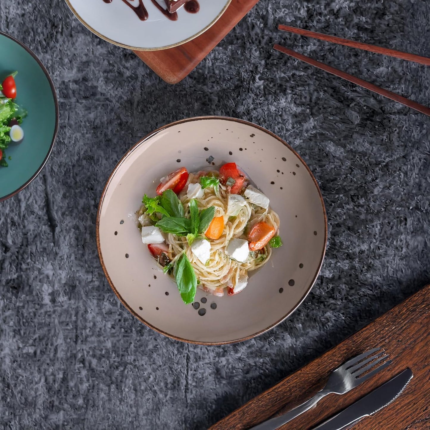 Esfour 8 Inch Porcelain Pasta Bowl, 23.6 Ounce Salad Bowls, Microwave & Dishwasher Safe, Sturdy & Stackable, Set of 6 Ceramic Bowl Plate Set, Wide Shallow Salad Bowls, Natural Assorted Colors