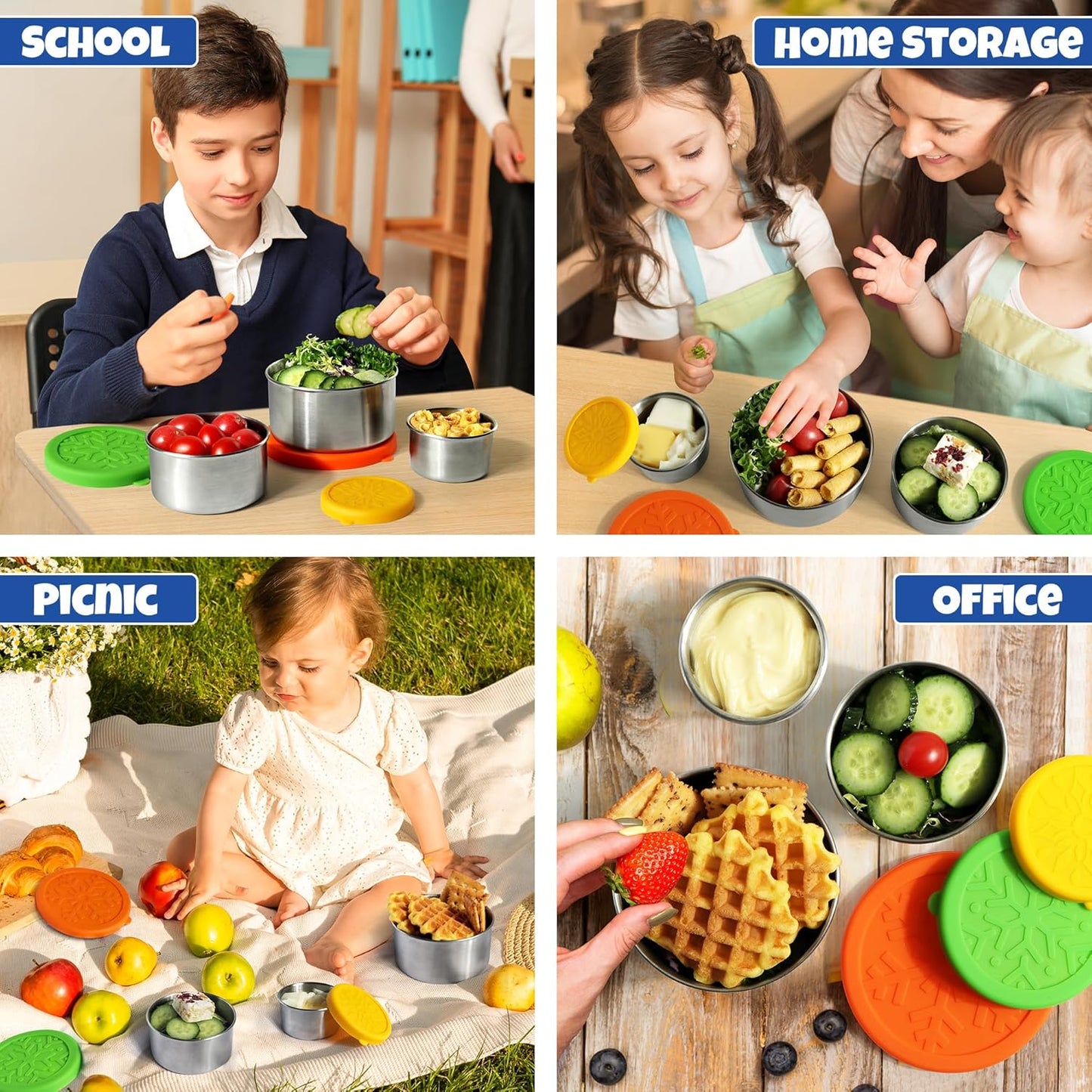 304 Stainless Steel Containers with Lids Small for Lunch Food/Snacks, Leak-Proof and Round Stainless Steel Food Storage Containers for Back to School Kids, 3 Pack Stackable (4oz, 8oz, 14oz)