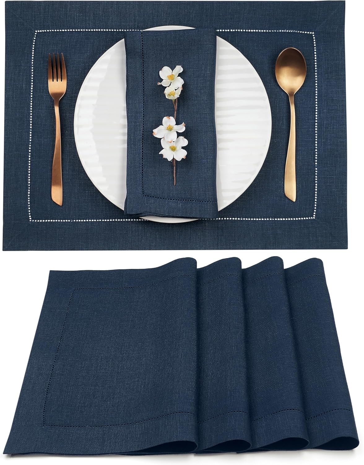 D'Moksha Homes Linen Placemats Set of 4 - Classic Hemstitch Navy Blue Placemats 14 x 19 Inch - 100% Pure Linen Table Mats for Fall, Autumn and Halloween - Handcrafted and Machine Washable
