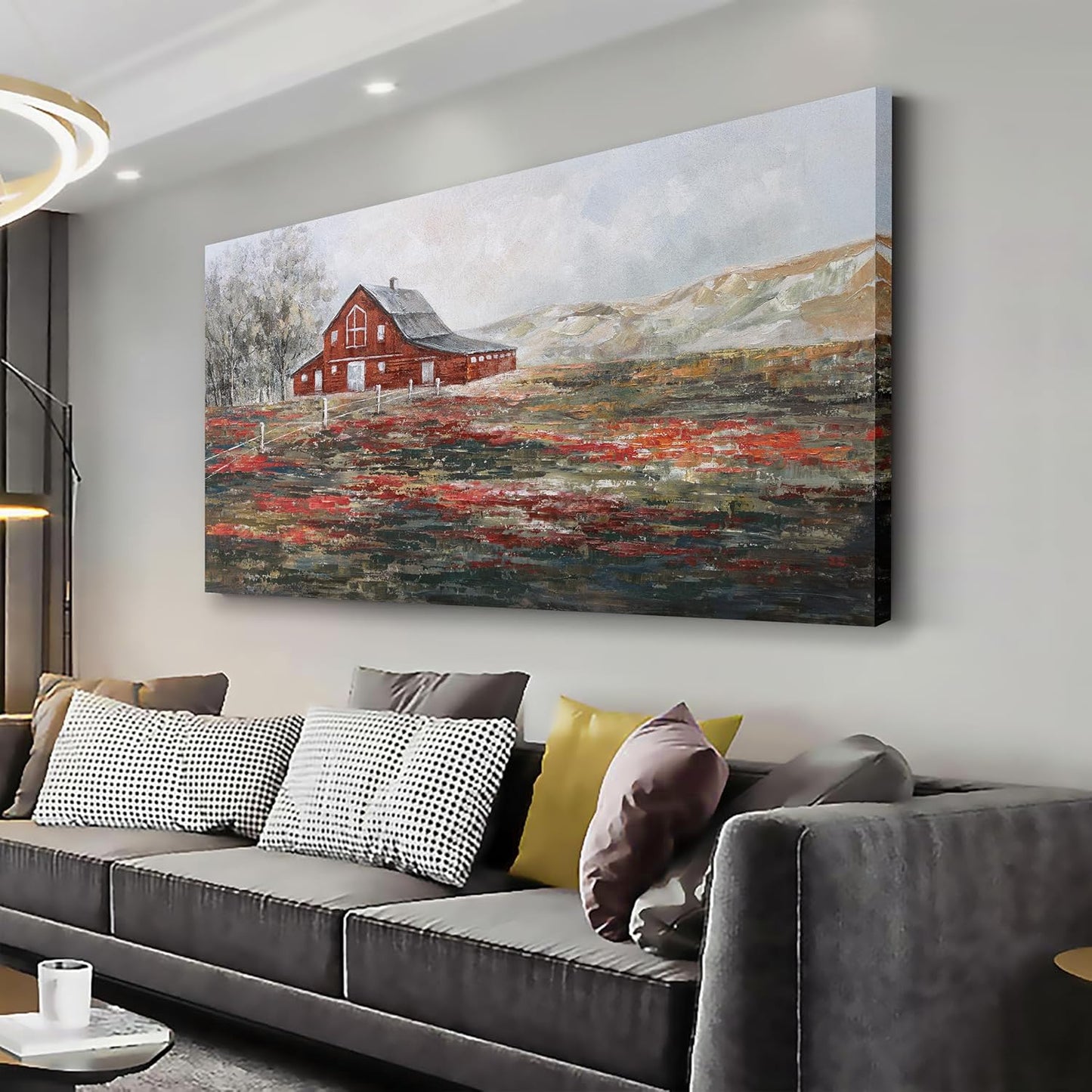 Farmhouse Wall Art Canvas Picture Red Rustic Barn Farm Artwork Decor Country Landscape Panoramic Countryside Rural Nature Scene Painting for Living Room Bedroom Office Decor Wall Decor 24"x48"