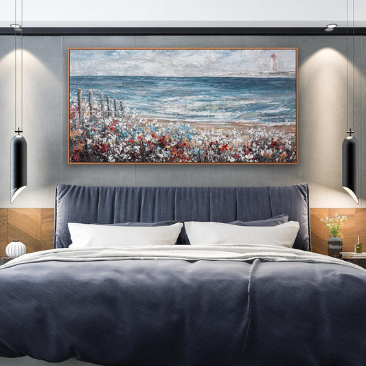 Wall Art Decor Wall Canvas Painting Blue Sea Colorful flowers Landscape Decor Framed For Living Room Bedroom Dining Room Home Office Modern Artwork Home Decoration 24" x 48"