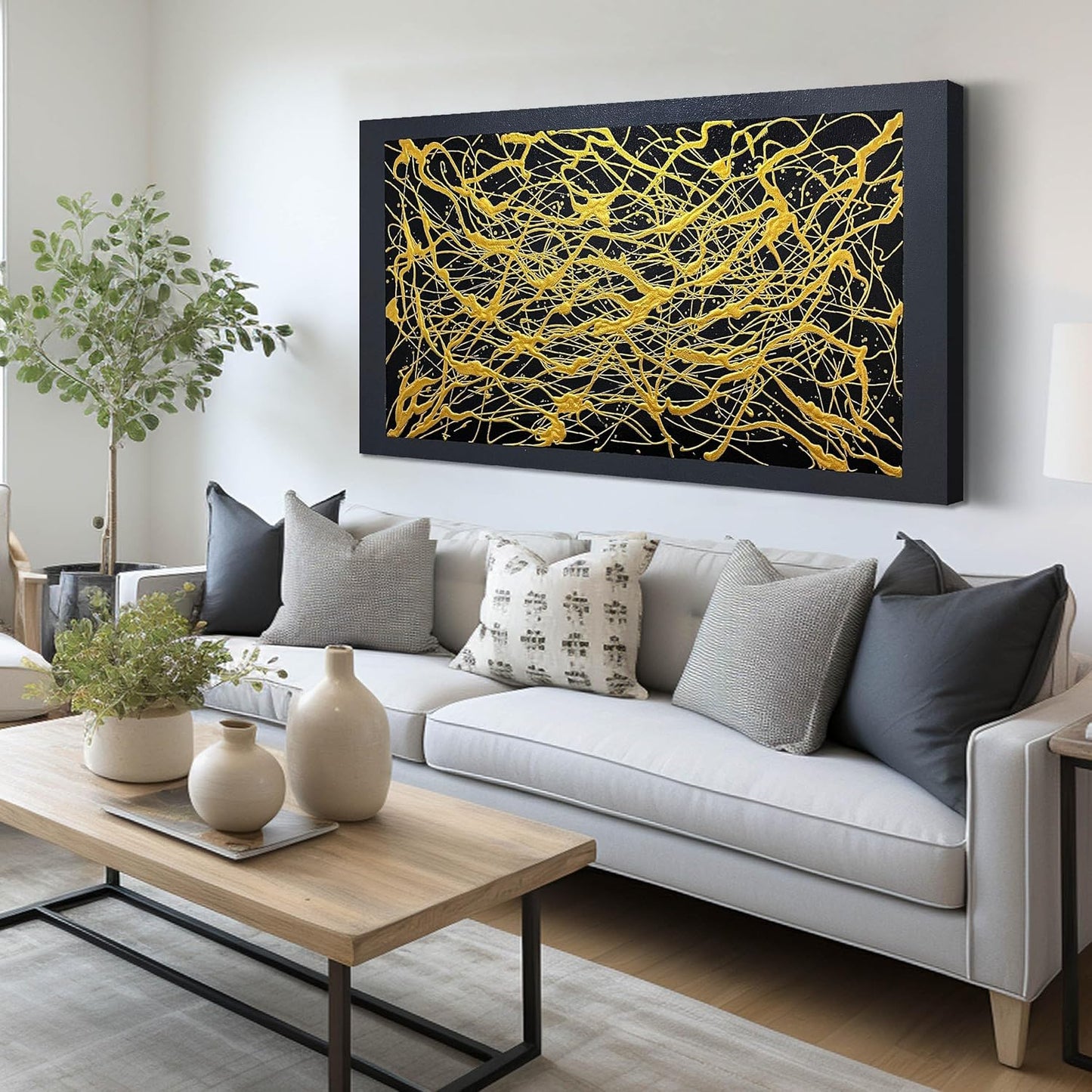 Abstract Canvas Art Wall Decor for Living Room - Modern Hand Painted Wall Art for Office - Black and Gold Wall Decor for Bedroom Men Size 24" x 47"