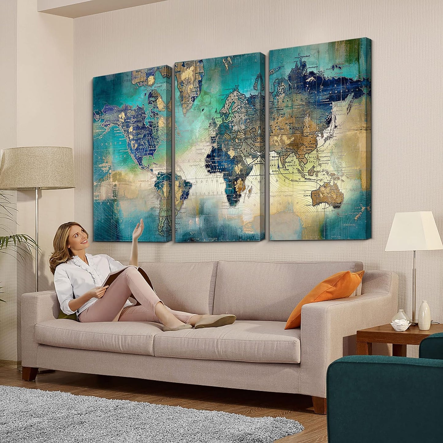 Pogusmavi Canvas Wall Art for Living Room - World Map Wall Decor - Large Wall Art for Bedroom - Office Artwork - Map Wall Art 16"x32" 3 Piece Canvas Wall Art