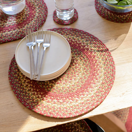 Cider Barn Round Braided Placemats, Warm Country Rustic Decor, Set of 2, 15", Red Jute Table Mats - Vibrant Colors, Durable, Easy to Clean and Protects Furniture