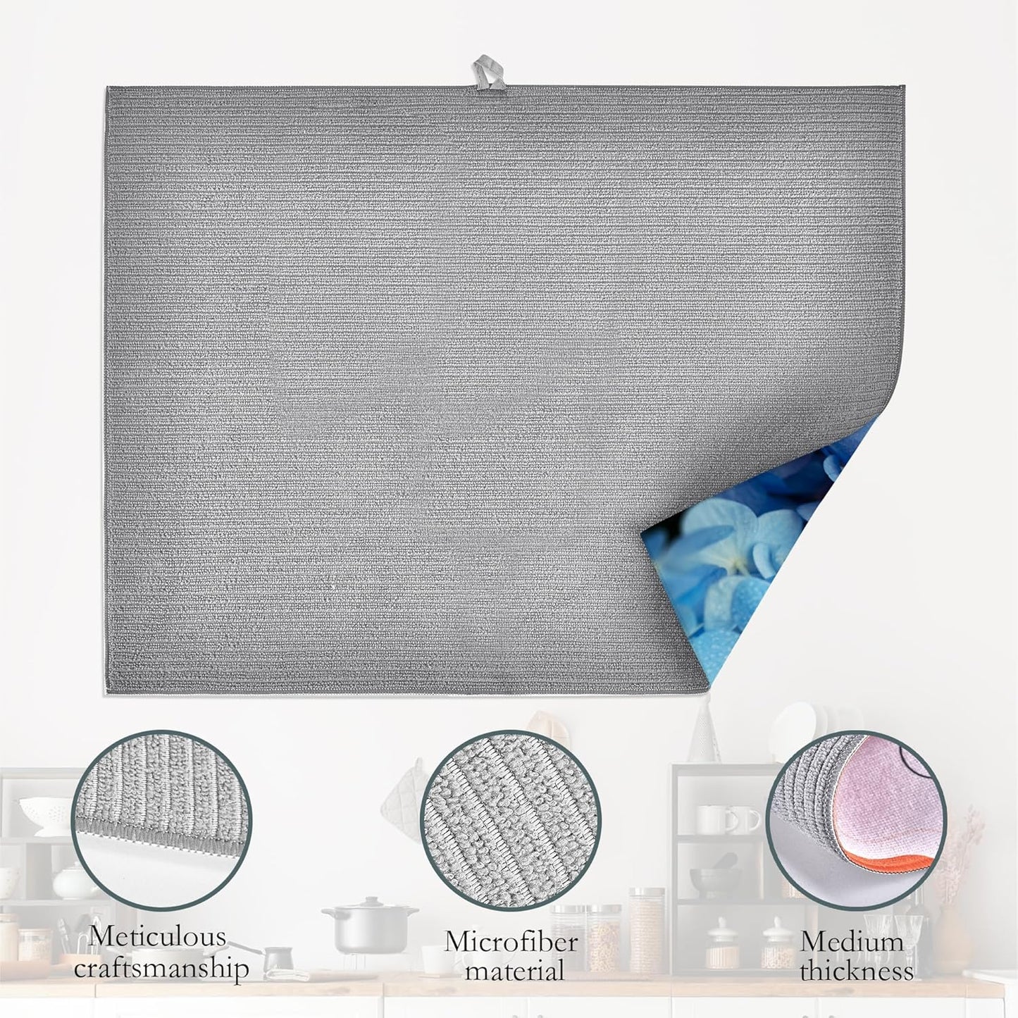 Blue Hydrangea Flower Dish Drying Mats 18x24 Inch, Dish Pad Drying Rack Mat for Kitchen Counter Ultra Absorbent Microfiber Dishware Coffee Maker Bar Countertop Decor