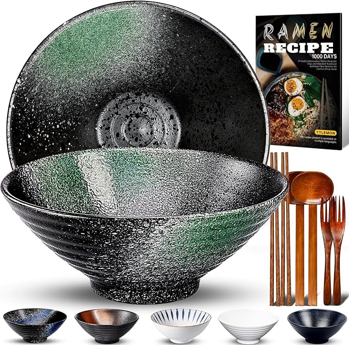 8-Inch Ceramic Ramen Bowl Set of 2 (9 Piece) - Porcelain Japanese Salad Noodles Cereal Fruit Pasta Soup Large Bowls with Recipes Chopsticks Forks Spoons for Men Women Gift Microwave & Dishwasher Safe