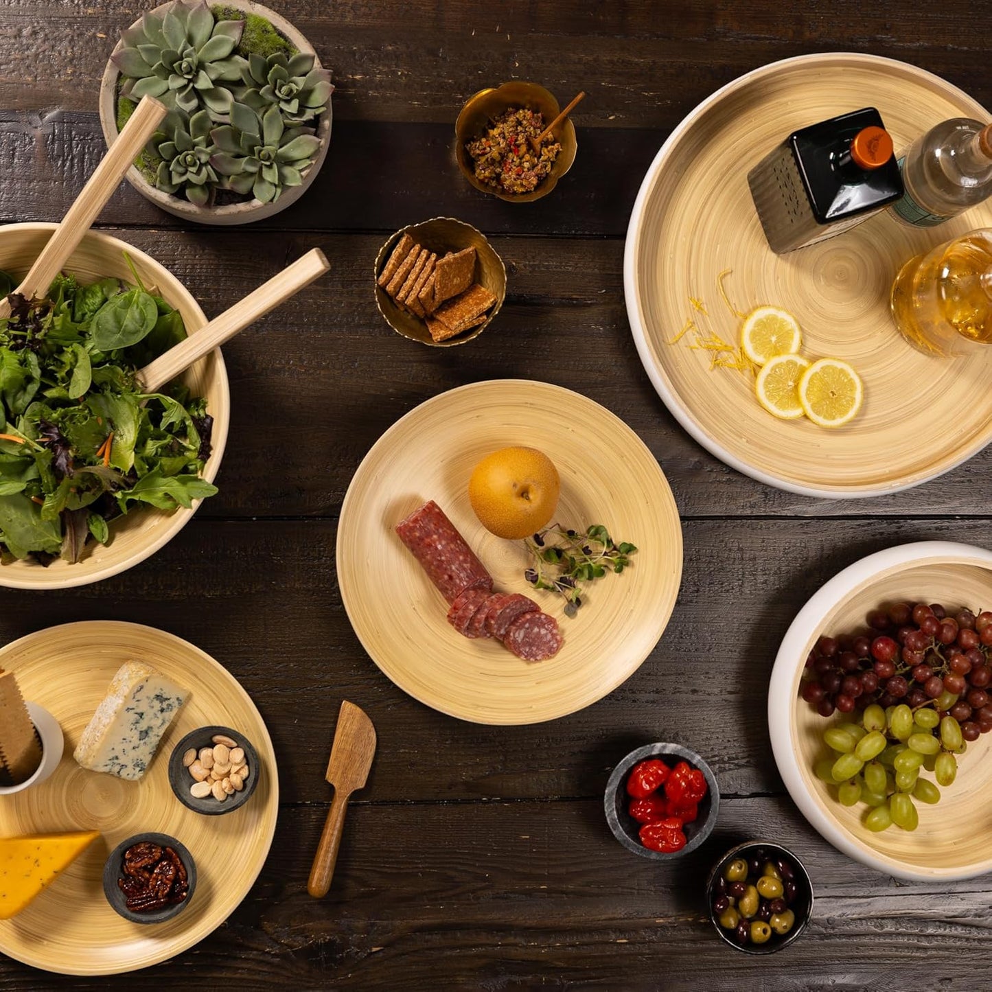 LEXA 12" Handcrafted 2PCs Bamboo Round Wooden Serving Tray For Serving Food - Small Wooden Tray For Ottoman Coffee Table Tray - Charcuterie Wood Trays Home Decor - Decorative Tray For Kitchen Counter