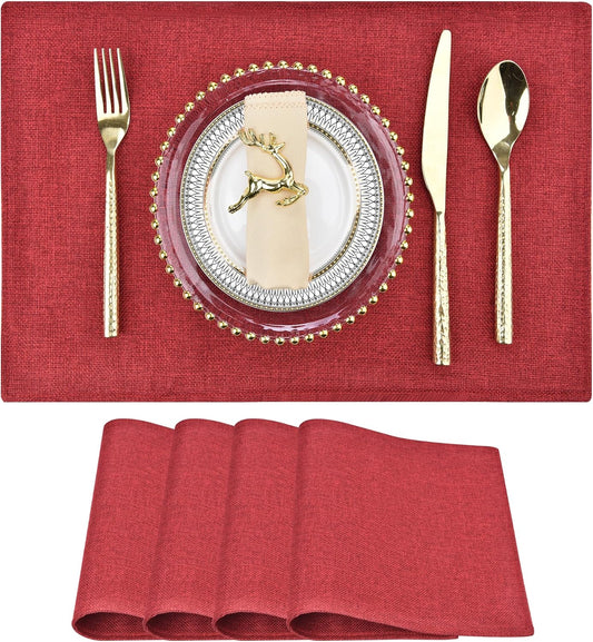 SLKQG Christmas Linen-Look Fabric Placemats Set of 4 - Holiday Dining Table Mats for Festive Decor, Heat Resistant & Machine Washable, Place Mats for Dinner Parties, Xmas Gift for Home (4, Wine Red)