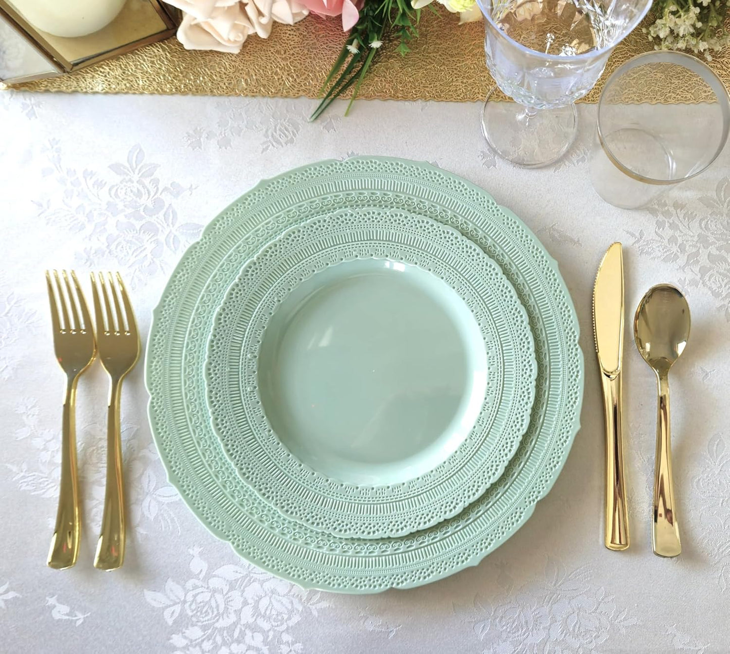 " OCCASIONS " 960pcs set (120 Guests) Extra Heavyweight Vintage Wedding Disposable/Reusable Plastic Plates -120x11'' +120x8.25''+Silverware+Cups+Napkins (Chateau in Mint)
