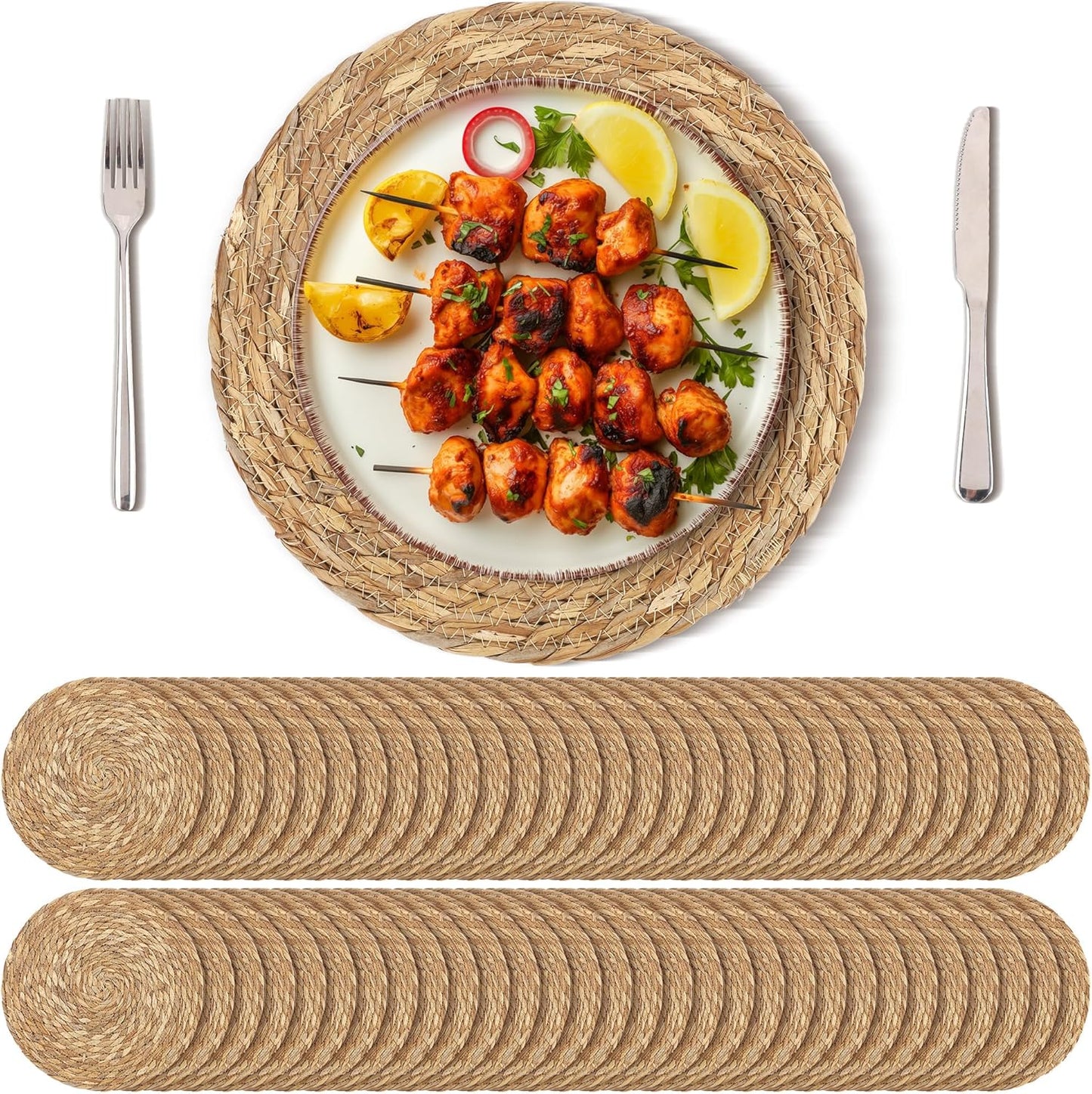 Set of 60 Round Woven Placemats 12 Inches Bulrush Placemats Natural Hand-Woven Boho Rattan Placemat Wicker Table Mats Farmhouse Weave Place Mats for Home Dining
