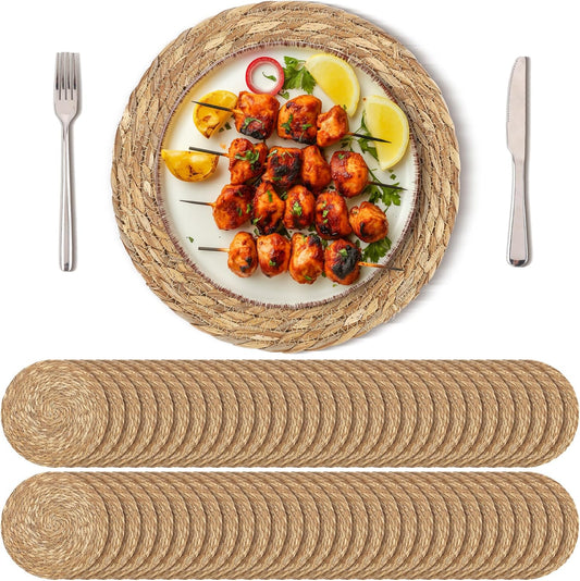 Set of 60 Round Woven Placemats 12 Inches Bulrush Placemats Natural Hand-Woven Boho Rattan Placemat Wicker Table Mats Farmhouse Weave Place Mats for Home Dining