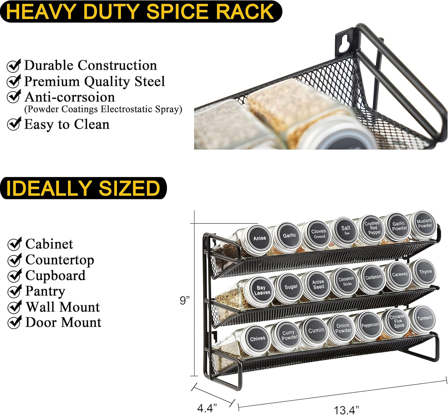 SpaceAid Spice Rack Organizer with 21 Spice Jars, 386 Spice Labels, Chalk Marker and Funnel Set for Cabinet, Countertop, Pantry, Cupboard or Door & Wall Mount - 21 Jars, 13.4" W × 9" H, Black