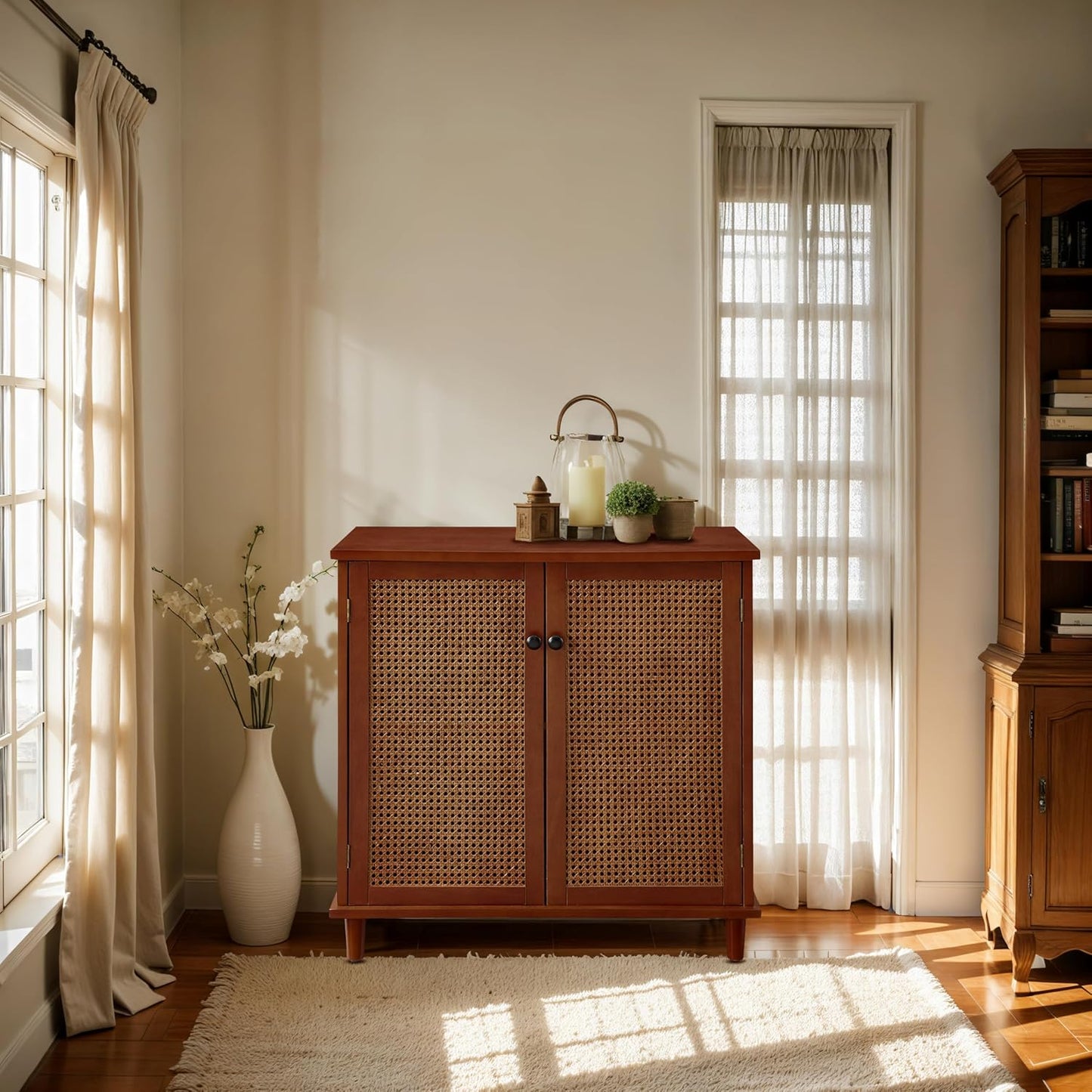 Sideboard Buffet Cabinet, Rattan Storage Cabinet with 2 Doors and Removable Shelf, Farmhouse Decor for Living Room, Entryway, Hallway, Kitchen, Dining Room