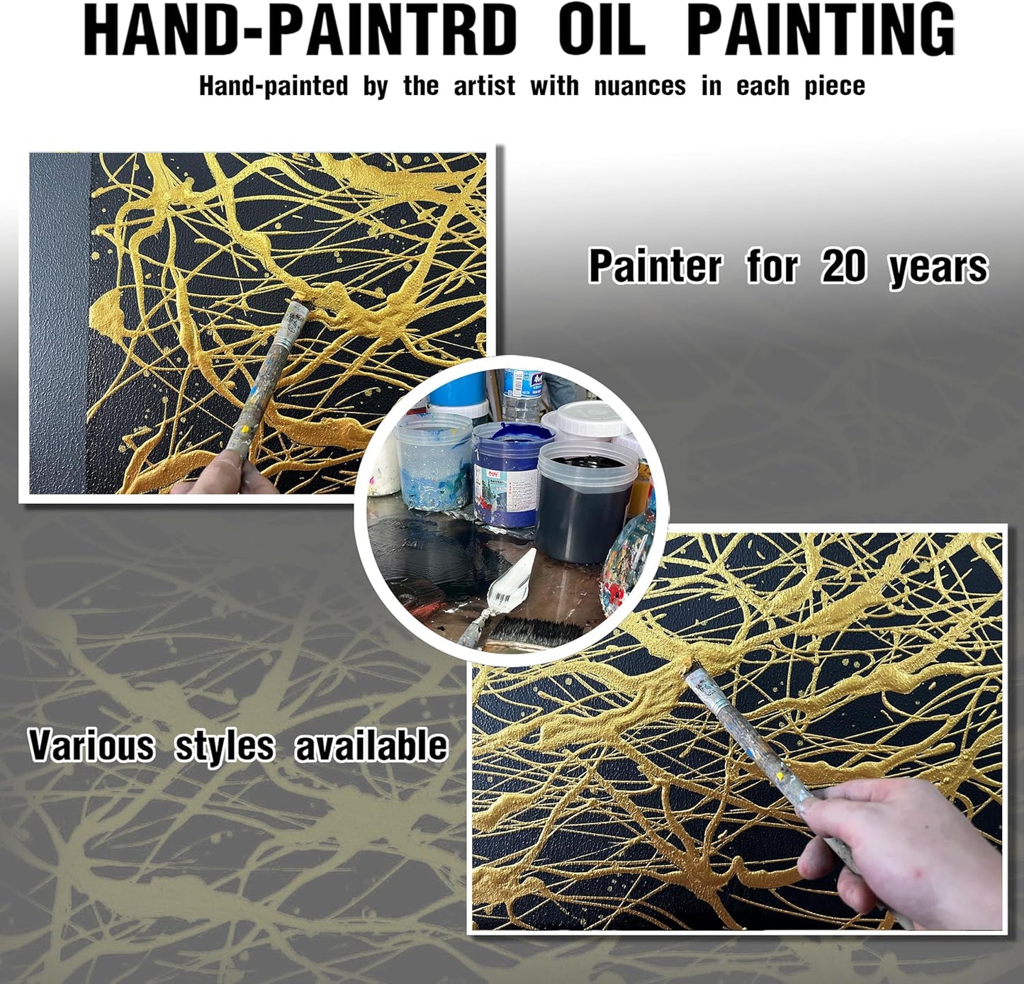 Abstract Canvas Hand Painted Wall Art for Living Room - Black and Gold Painting Wall Art for Office - Modern Wall Decor for Bedroom Size 20" x 40"