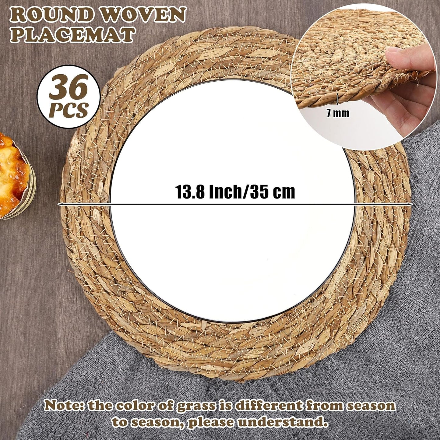 Set of 36 Round Woven Placemats 13.8 Inch Bulrush Placemats Natural Handwoven Boho Rattan Wicker Table Mats for Farmhouse & Home Dining