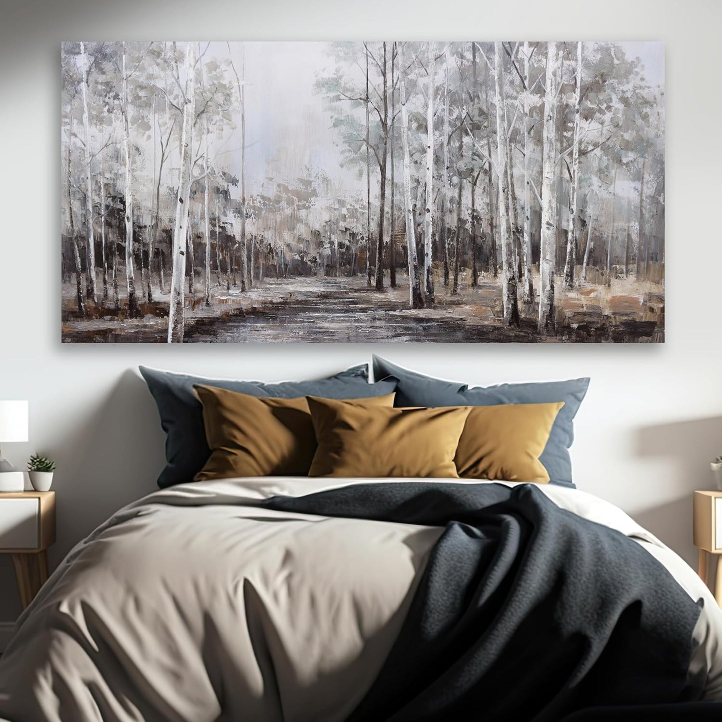 White Birch Tree Wall Art Grey Forest Painting Abstract Canvas Art Landscape Panoramic Picture Nature Artwork Framed for Living Room Bedroom Dinning Room Home Office Wall Decor 40"x20"