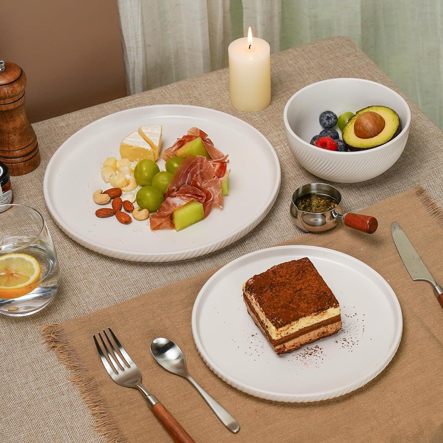 Earthsong Dinnerware Sets for 4, 12-Piece Ceramic Plates and Bowls Set, Dishwasher and Microwave Safe Stoneware Dishes Set, Ribbed, Snowcrest White