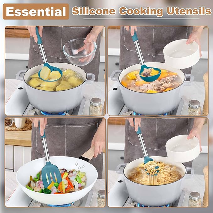 LIANYU Silicone Kitchen Cooking Utensils Set, 6Pcs Heat Resistant Kitchen Tools Spatula for Nonstick Cookware, Slotted Turner, Spoon, Soup Ladle, Pasta Server, Skimmer, Tongs, Blue