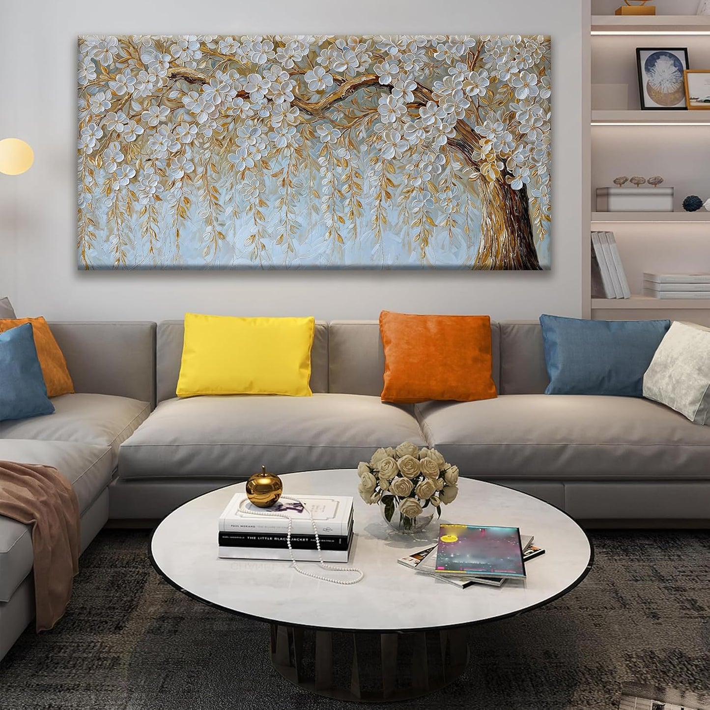 Suconvng Large Wall Art For Living Room Home Wall Decor Modern Canvas Art Wall Decor 29 X 58 Inches Elegant Flower White Wall Art Picture For Bedroom Office Artwork