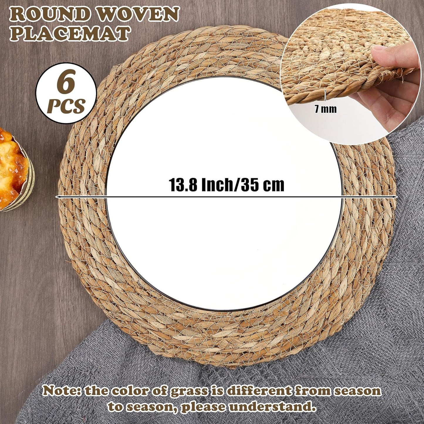 Set of 6 Round Woven Placemats - 13.8 Inches Natural Boho Rattan Wicker Table Mats for Home Dining Table