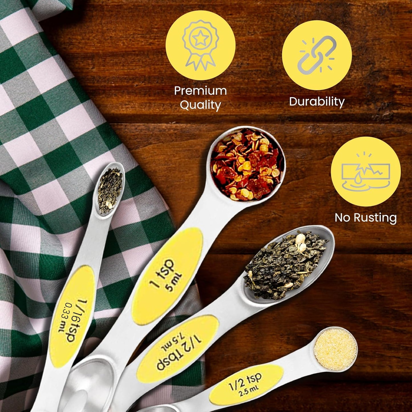 Magnetic Measuring Spoons Set of 9 Stainless Steel Dual-Sided Stackable Measuring Spoon Nesting Teaspoons Measuring Dry and Liquid Ingredients, Fits in Spice Jars Set of 9 (Yellow)