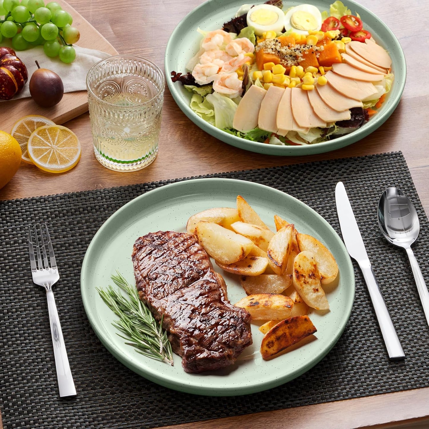 LIANYU Dinner Plates Set of 4, 10.5’’ Large and Round Stoneware Plates, Ceramic Dishes Set for Kitchen Serving Salad, Dessert, Steak, Oven, Microwave & Dishwasher Safe, Scratch Resistant, Fog Green