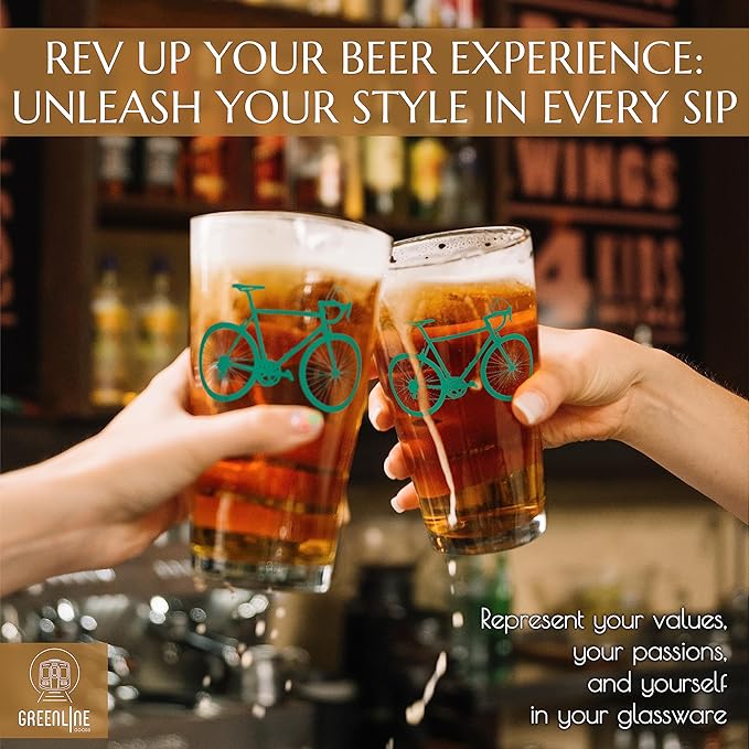 Greenline Goods - Bicycle Beer Glasses (Set of 2) |16 oz Drinkware with Colorful Cyclist Designs | Premium Decorative Glassware | Unique Gifts for Cyclists & Bike Riders [Green]