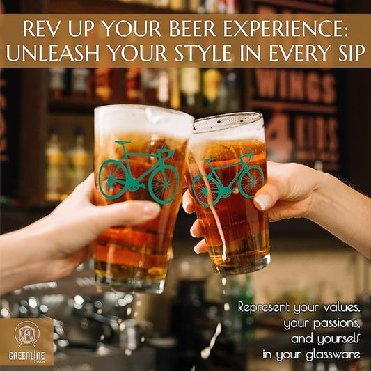 Greenline Goods - Bicycle Beer Glasses (Set of 2) |16 oz Drinkware with Colorful Cyclist Designs | Premium Decorative Glassware | Unique Gifts for Cyclists & Bike Riders [Green]