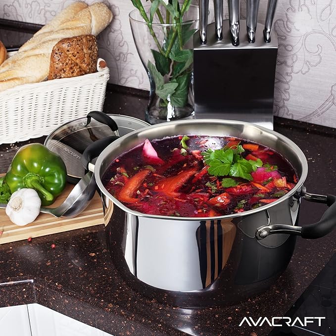AVACRAFT Tri-Ply Stainless Steel Stockpot with Glass Strainer Lid, Side Spouts, 6 Quart Multipurpose Sauce Pot