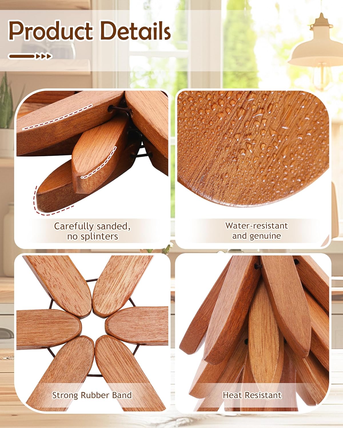 3pcs 8 Inch Wooden Trivets for Hot Dishes, Hot Pots and Pans, Anti Stain Natural Wood Pot Holders for Kitchen Counter Decor, Wooden Collapsible Tree Coasters with Organizer Dinner Placemats