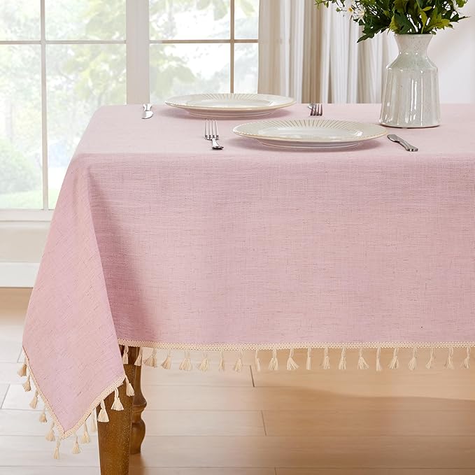 JIALE Textured Tablecloth, Heavy Duty Linen Style Farmhouse Table Cloth Rectangle Table, Wrinkle-Free Washable Waterproof Table Cover for Kitchen, Dining, Parties, 55"x106", Pink