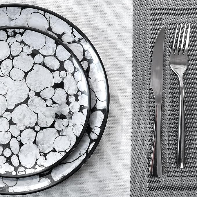 Melamine Dinnerware Sets 12pcs Rustic Farmhouse Dinner Dishes Set Lightweight Service for 4 Plastic Plates and Bowls Set, Modern Gray Bubble