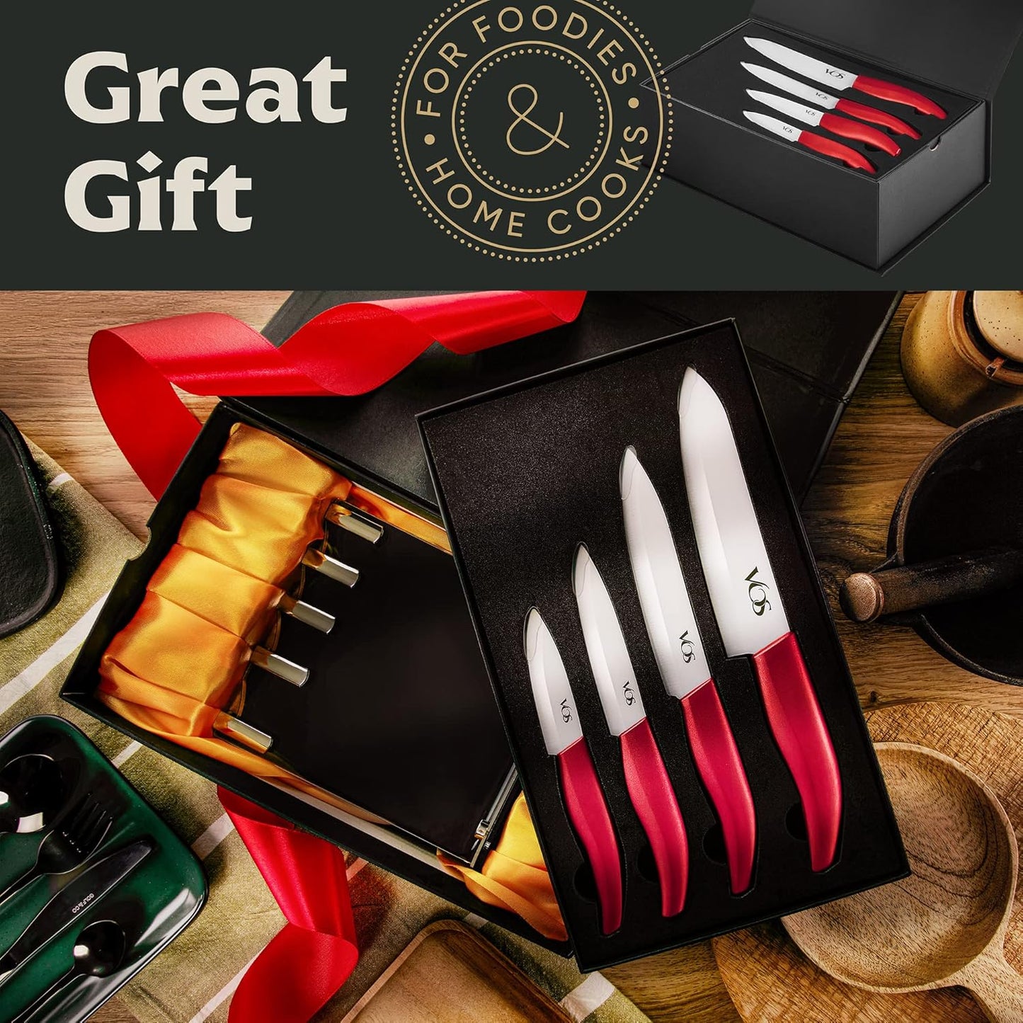 Vos Ceramic Knife Set, Ceramic Knives Set For Kitchen, Ultra Sharp Kitchen Knife Set with Covers, 3" 4" 5" 6" Paring, Santoku, Chef Knife & Utility, Lightweight, Dishwasher safe (Red with Block)