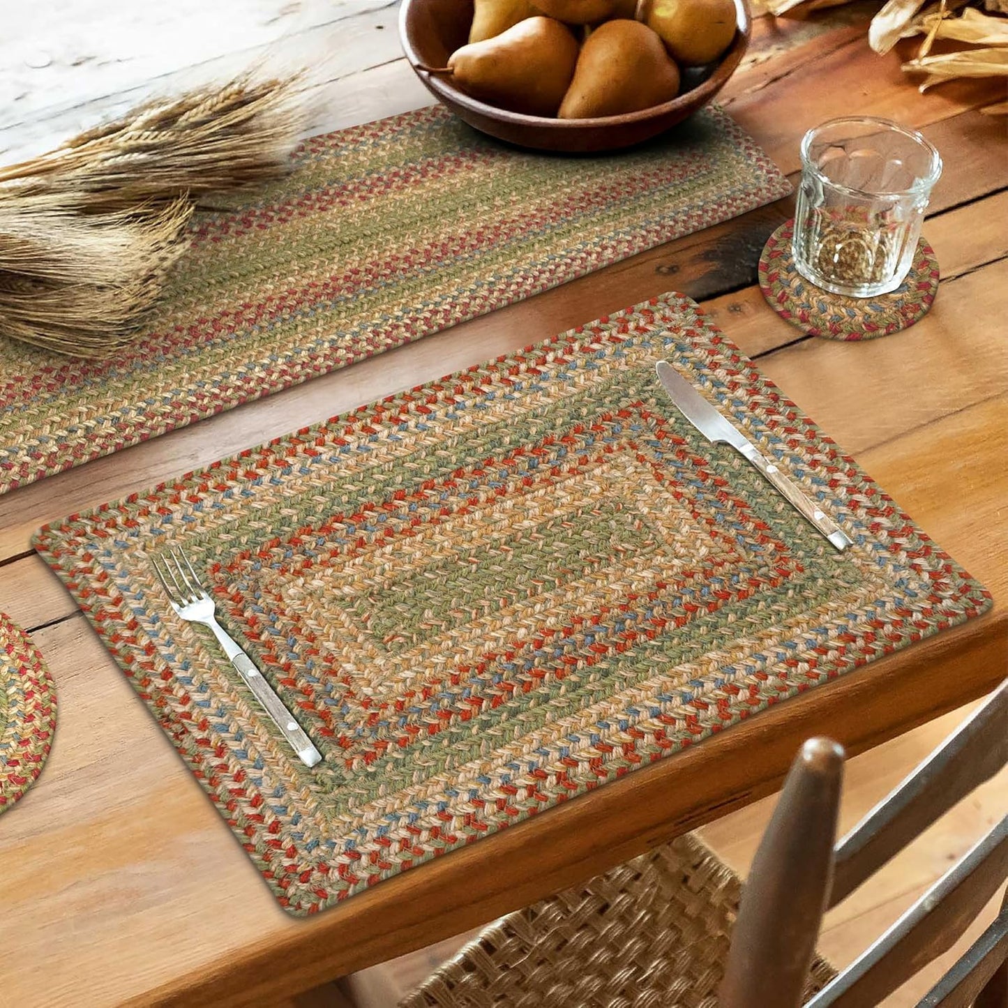Homespice Azalea Jute Woven Placemats, Warm Country Primitive Decor, Set of 4, Multicolor 13x19 Rectangle Table Mats - Vibrant Colors, Durable, Easy to Clean and Protects Furniture